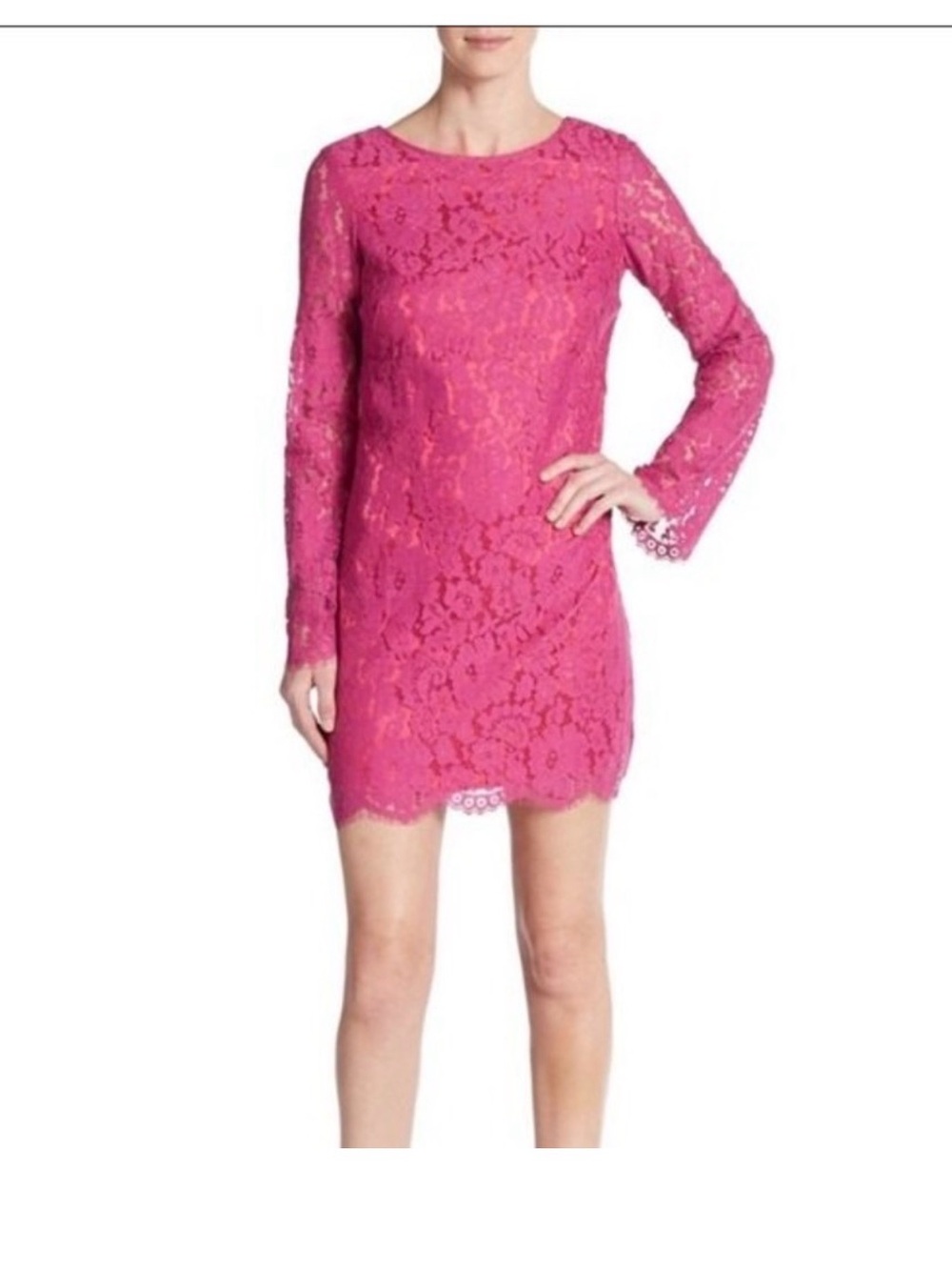 Alexia Admor Lace Long-Sleeve Shift short Dress - Hot Pink